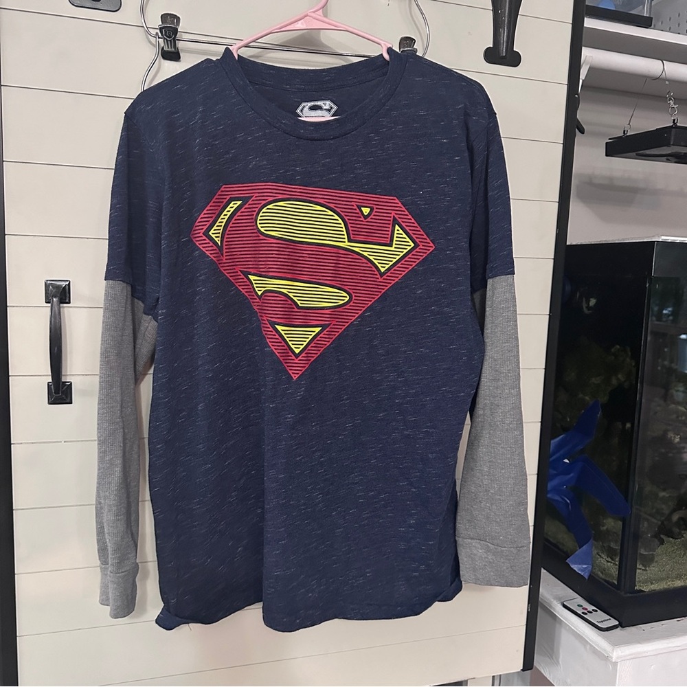 Superman Graphic Tee Kids XL Navy Blue Excellent Layered Long Sleeve Shirt